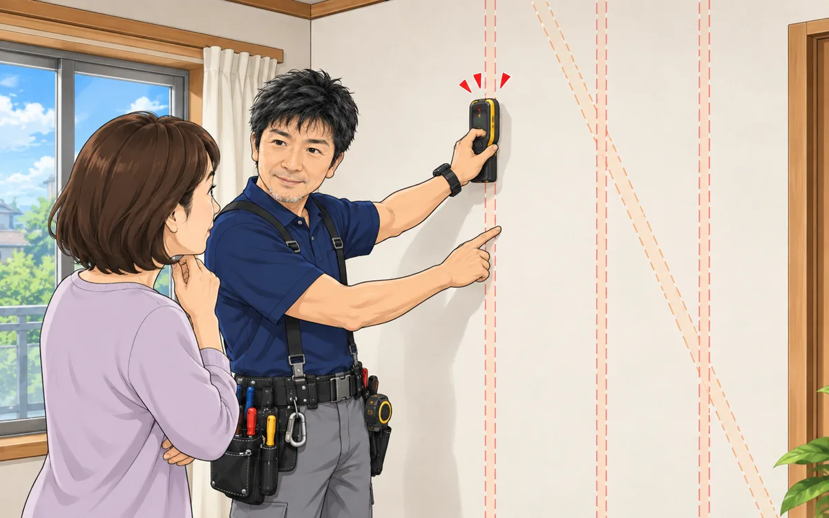 穴あけの前に壁を下地センサーで探り、お客様に位置を説明している職人のイラスト