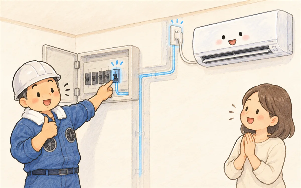分電盤にブレーカーを足してエアコン専用コンセントへ配線するイラスト