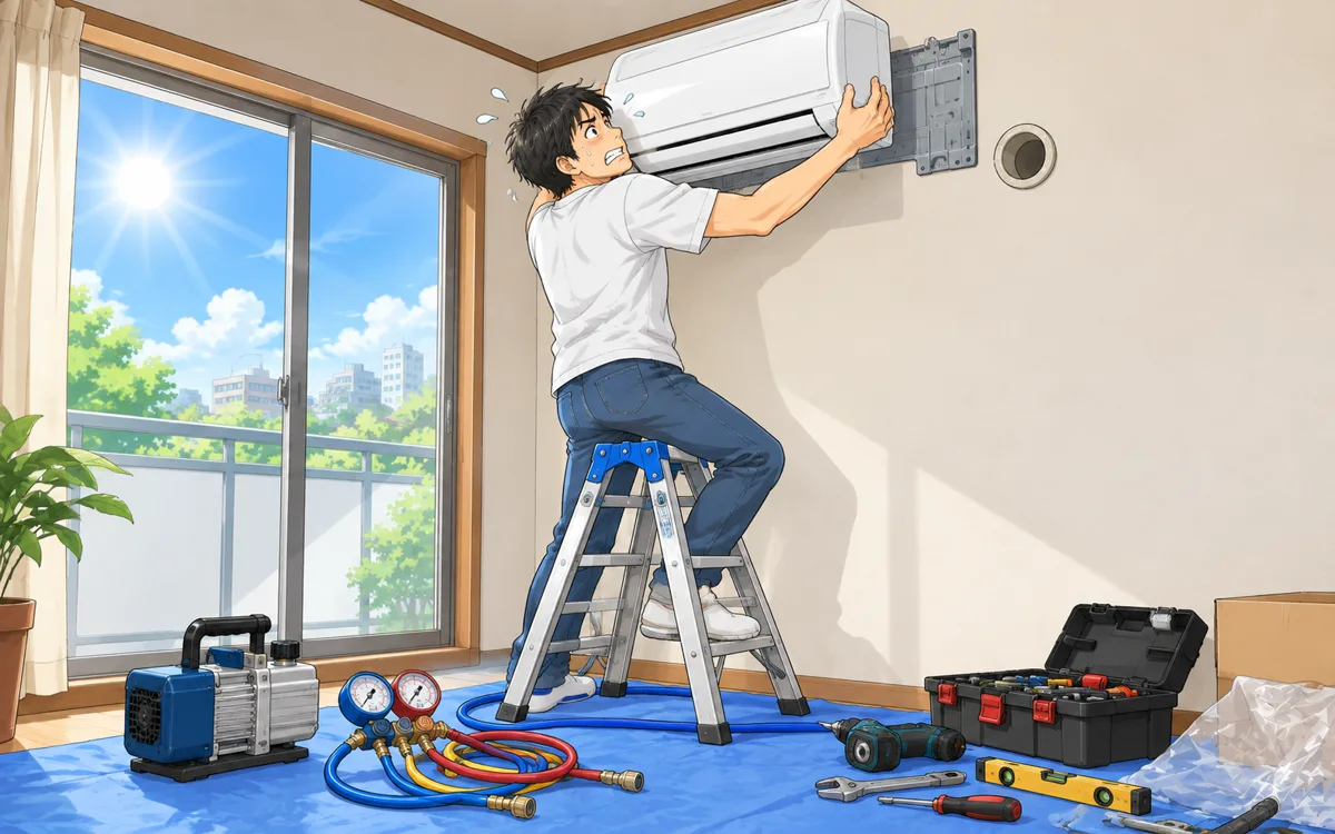 脚立の上で室内機を持ち上げようとして困っている人と、真空ポンプやゲージが並んだ床のイラスト