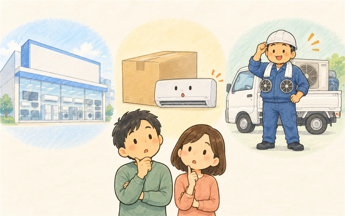 家電量販店・ネット通販・地元業者の3つの頼み方で悩むお客様のイラスト