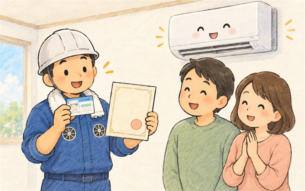資格の免状と保険の証書を見せて安心してもらうエアコン工事士のイラスト