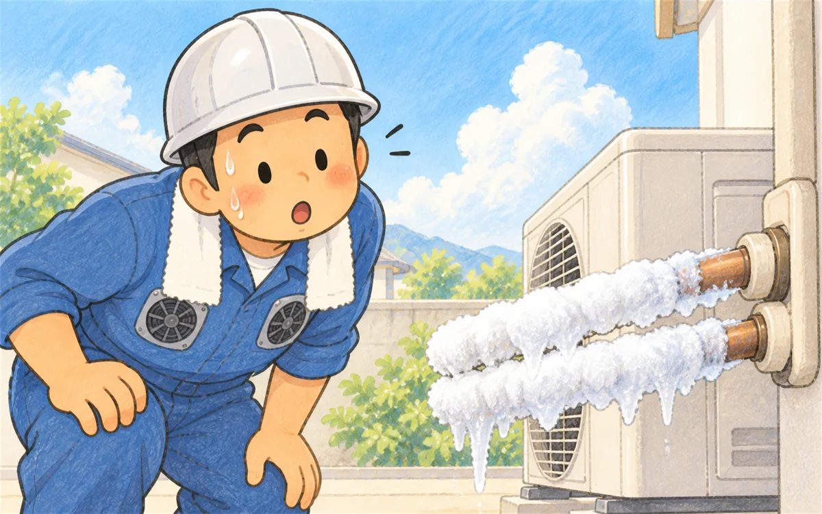 室外機の細い配管に霜がついているのを確かめるエアコン工事士のイラスト