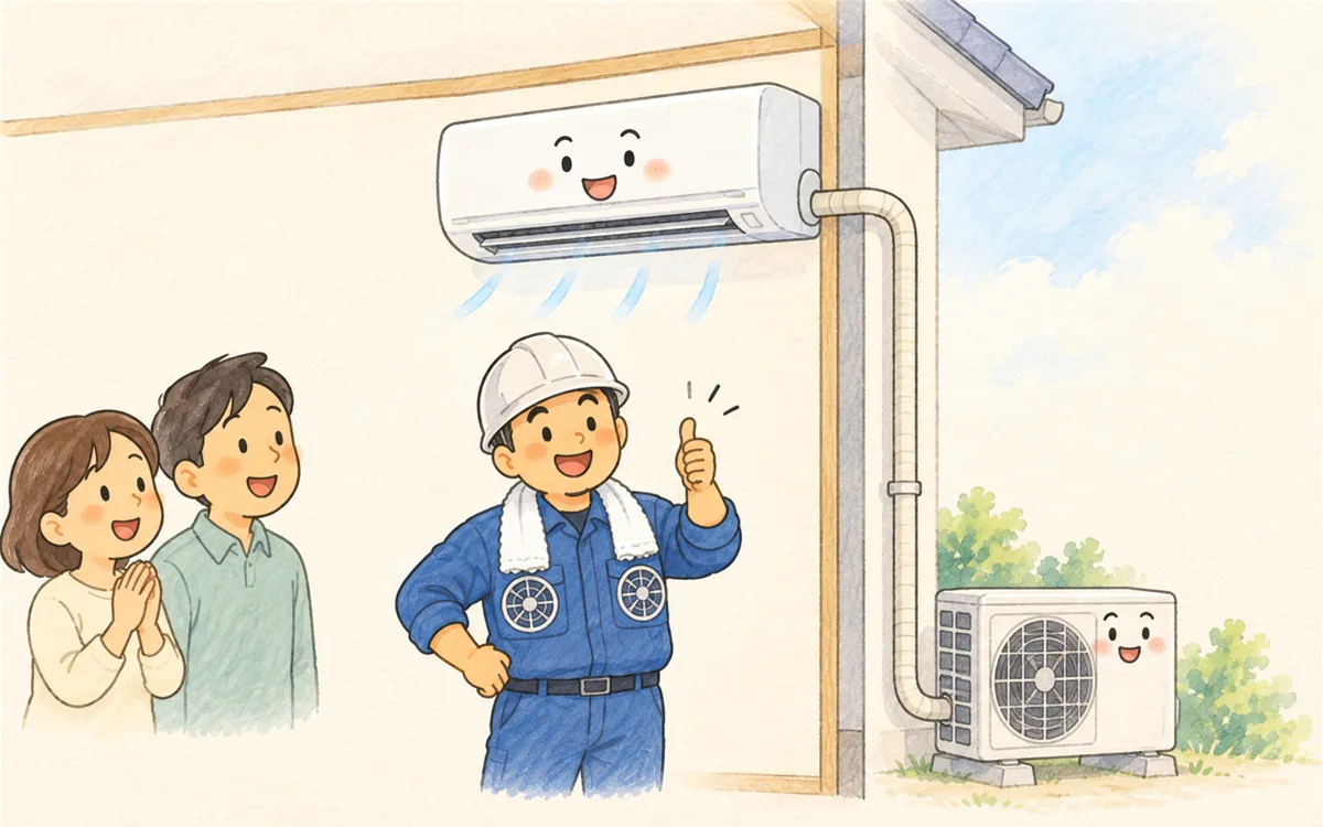 室内機の真下に配管穴、その下に室外機という標準工事の形を示すイラスト