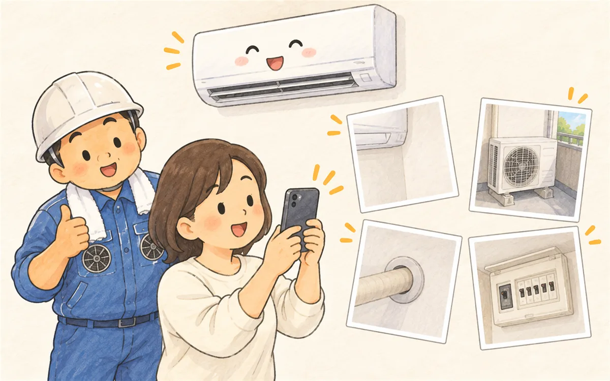 壁・室外機置き場・配管穴・分電盤の写真をスマホで撮るお客様のイラスト
