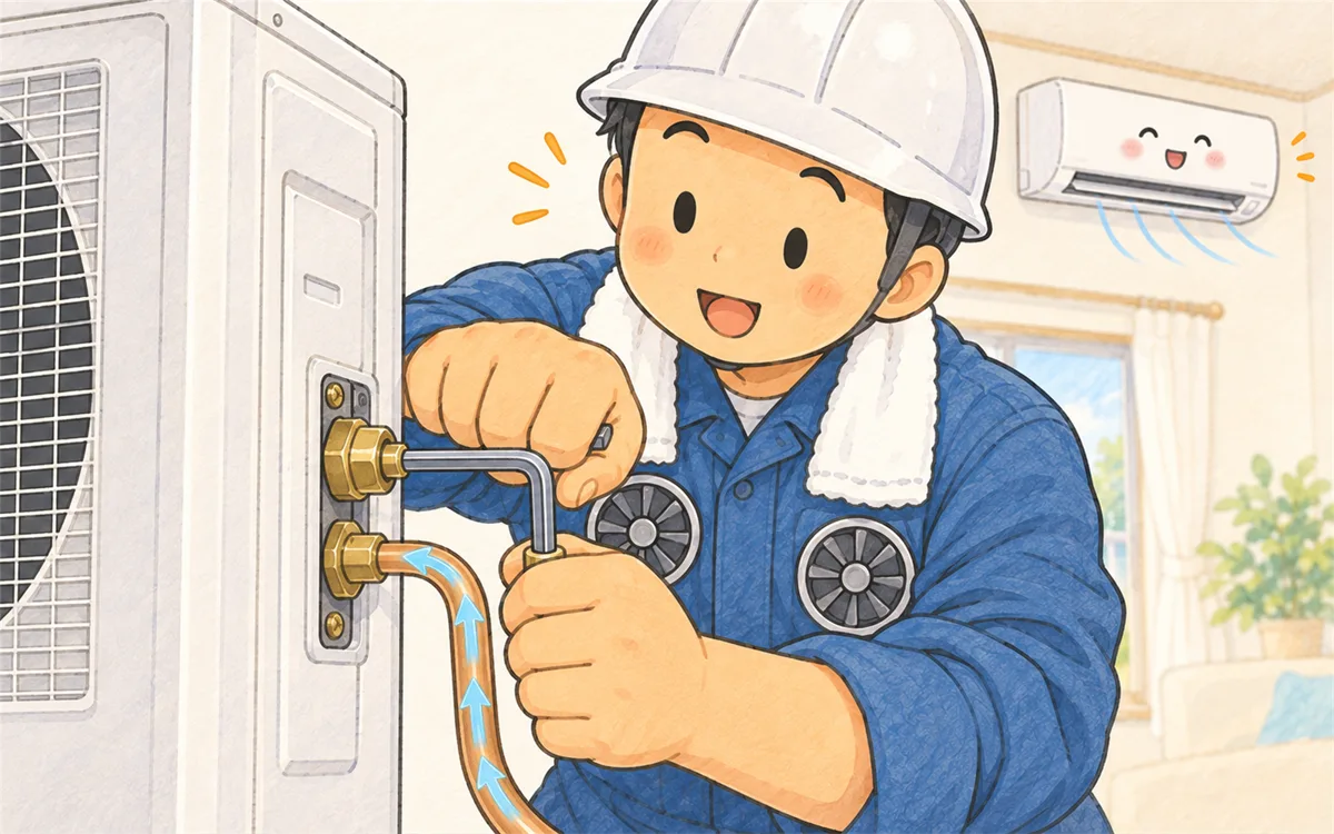 室外機のバルブを締めてガスを回収するポンプダウン作業のイラスト