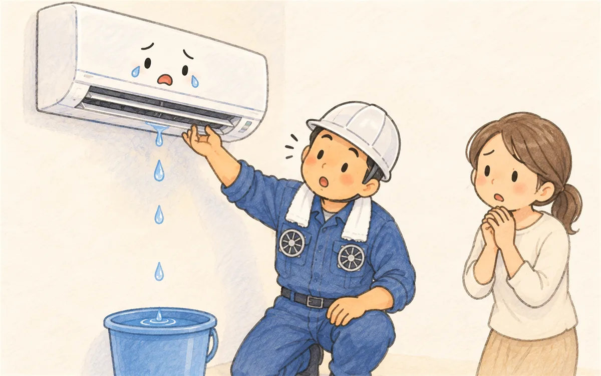 室内機から水が垂れて床にバケツを置き、原因を探すエアコン工事士のイラスト