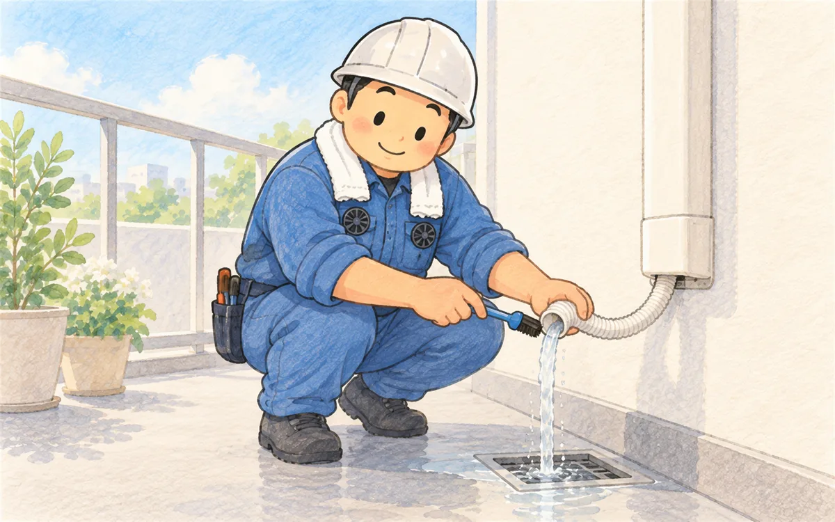 ベランダのドレンホースの詰まりを取り、水が流れ出す解決のイラスト