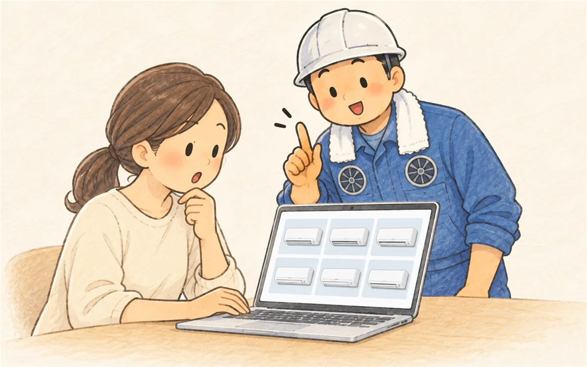 通販サイトを見るお客様に「先に業者へ相談」と助言するエアコン工事士のイラスト