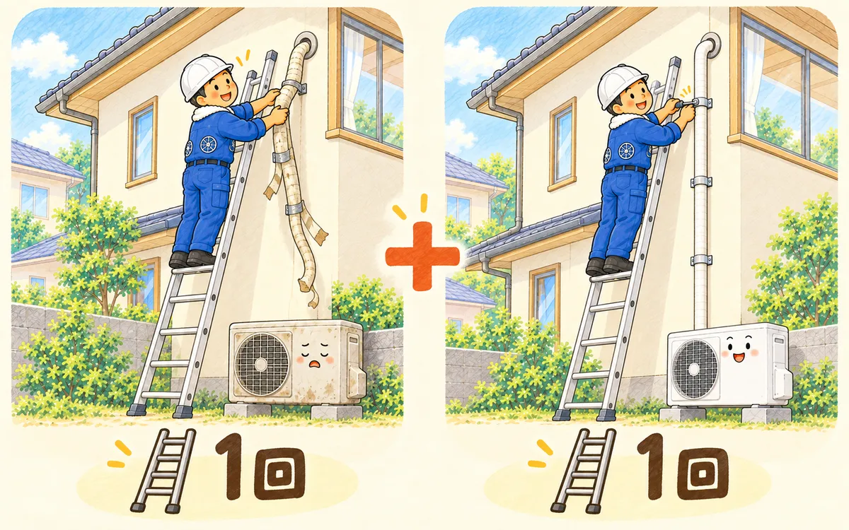 はしごを使った高所作業を、取り外しと取り付けで別々に数えることを示した説明イラスト