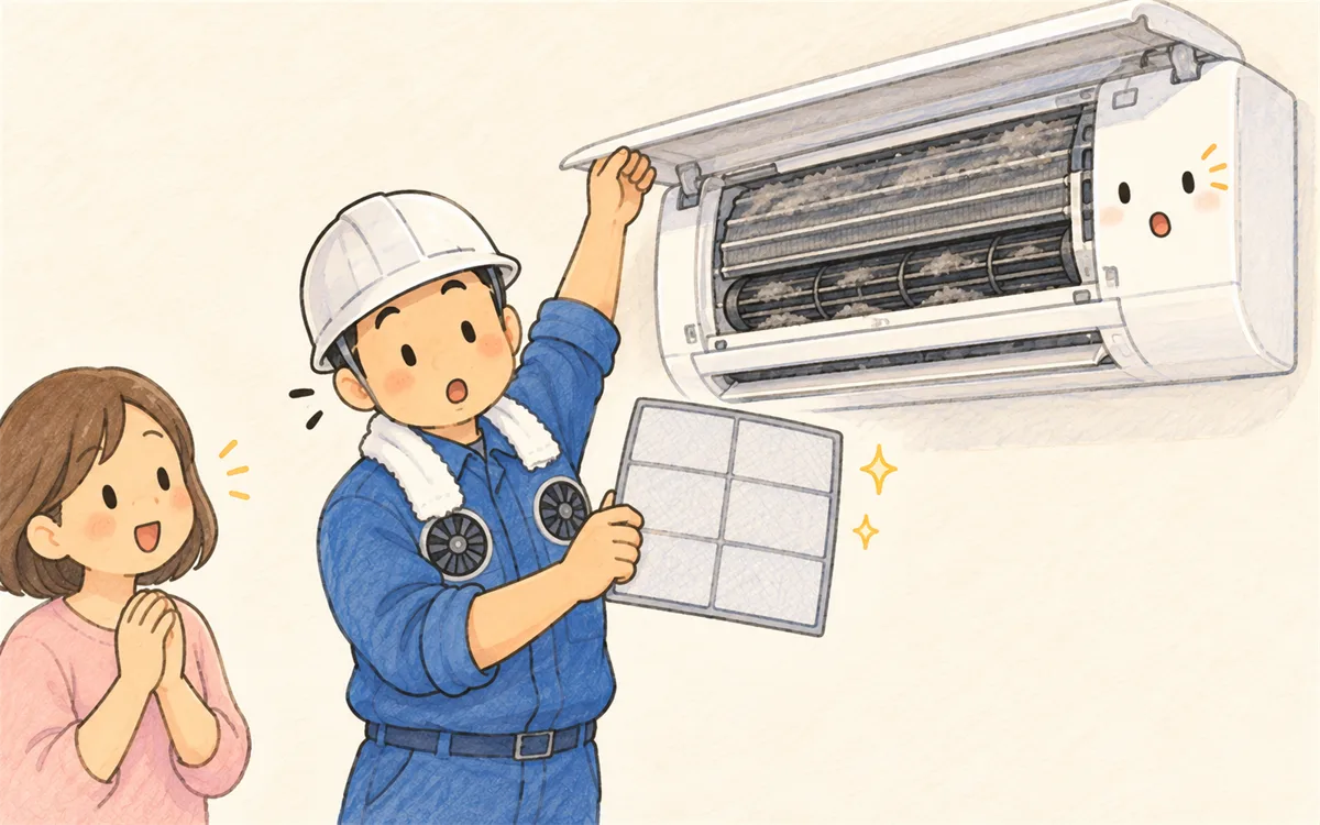 フィルターはきれいでも奥の熱交換器にホコリがたまっているエアコン内部のイラスト