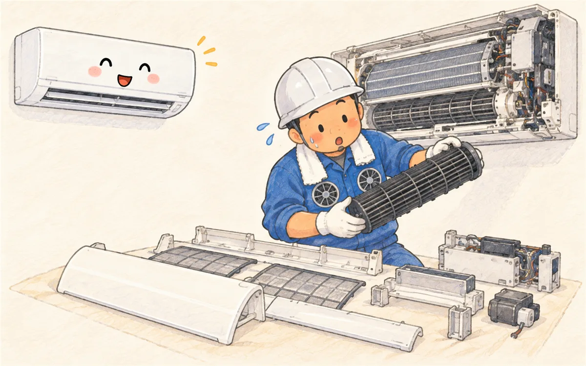 部品の多いお掃除機能付きエアコンを分解洗浄して汗をかく工事士のイラスト