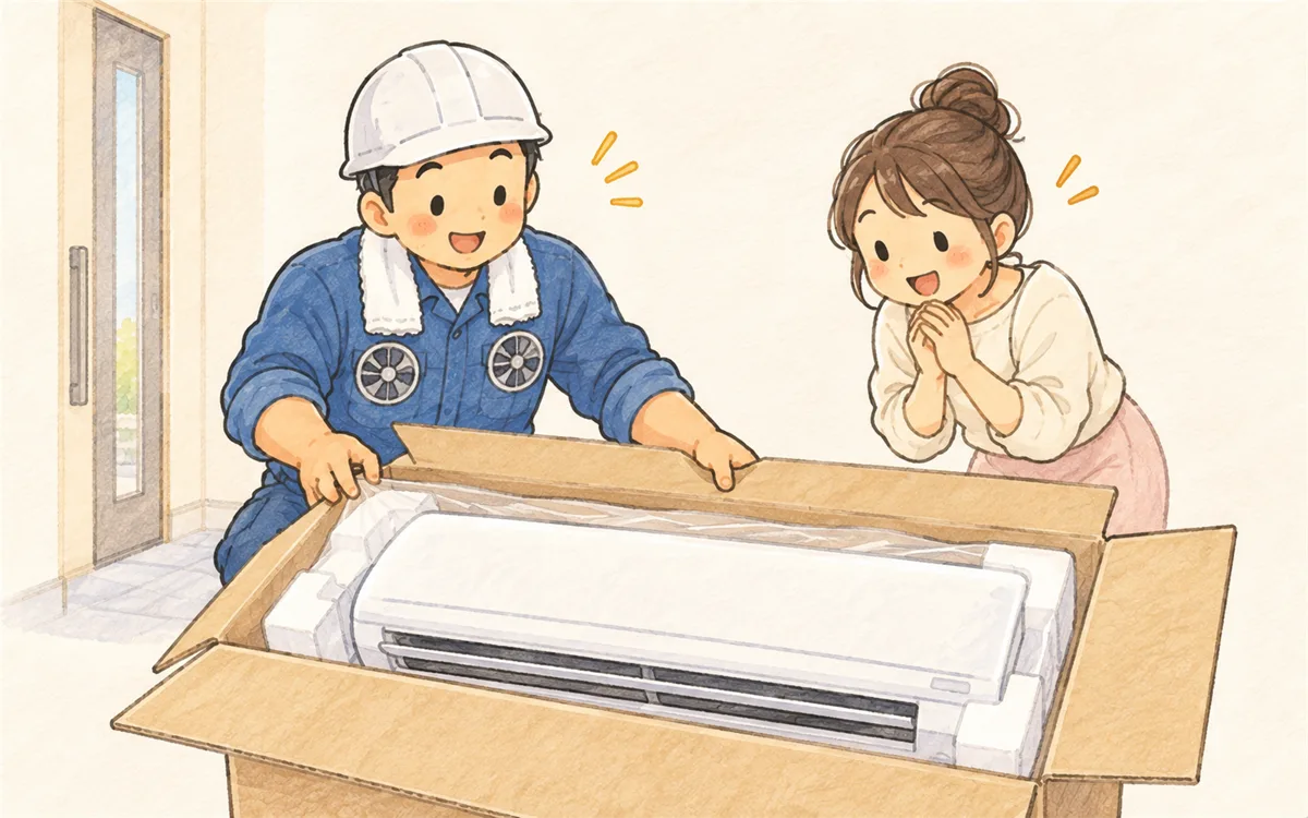 ネットで届いたエアコンの箱をお客様と一緒に開けて確認するイラスト