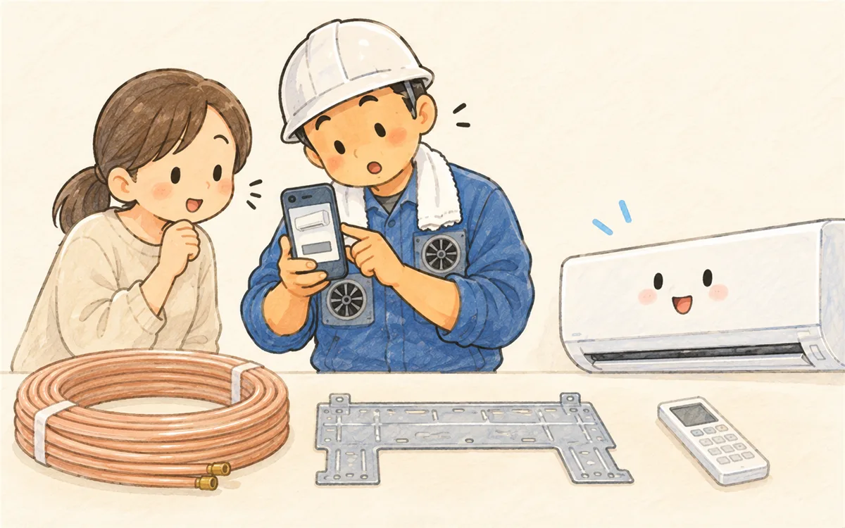 型番の写真を確認し、配管・据付板・リモコンをそろえるイラスト
