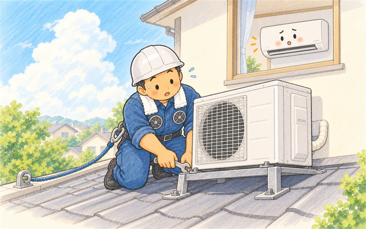 1階の屋根の上に架台を固定して室外機を据え付けるエアコン工事士のイラスト