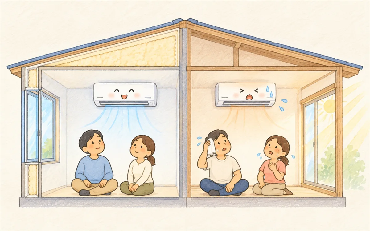 断熱の良い新しい家と日差しの強い古い木造で、同じ畳数でも効きが違うことを示すイラスト