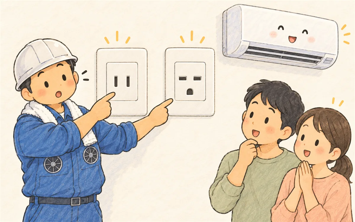 100Vと200Vのコンセントの形の違いを指さして説明するエアコン工事士のイラスト