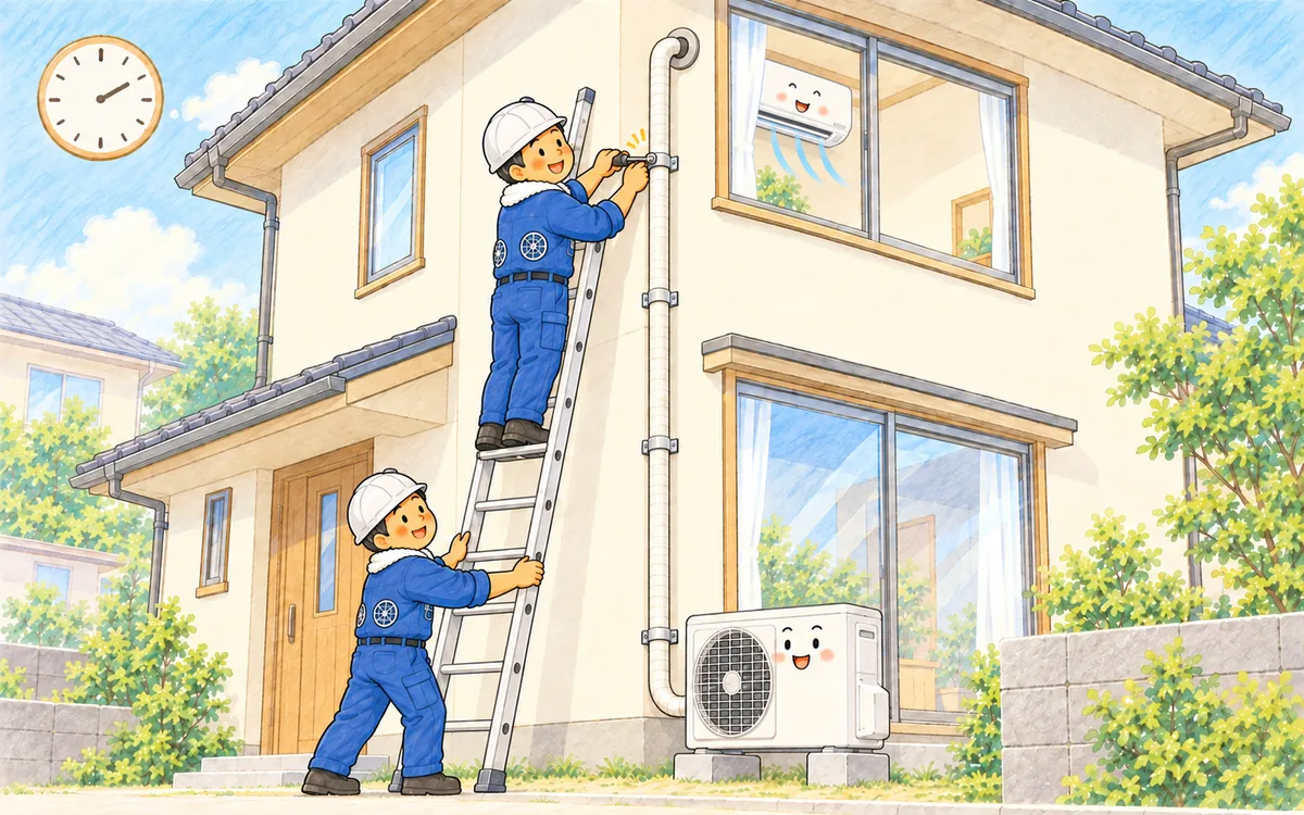2階の部屋から1階の地面へ配管を下ろす様子を、はしごを使う職人とともに描いたイラスト