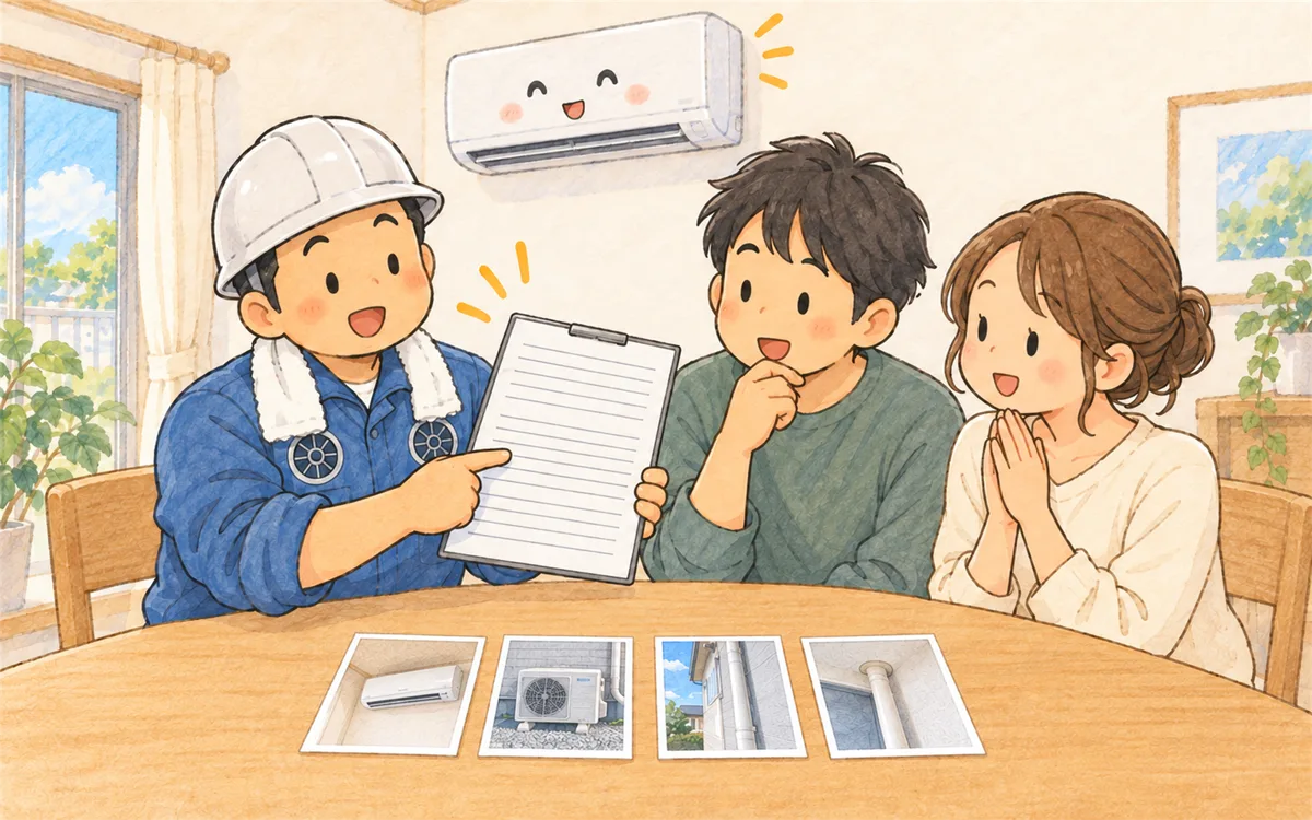 項目ごとに分かれた見積書をお客様に説明するエアコン工事士のイラスト